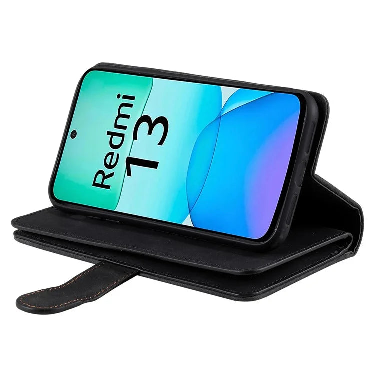 For Xiaomi Redmi 13 5G / 4G Case PU Leather Phone Cover with Zipper Wallet 9 Card Slots
