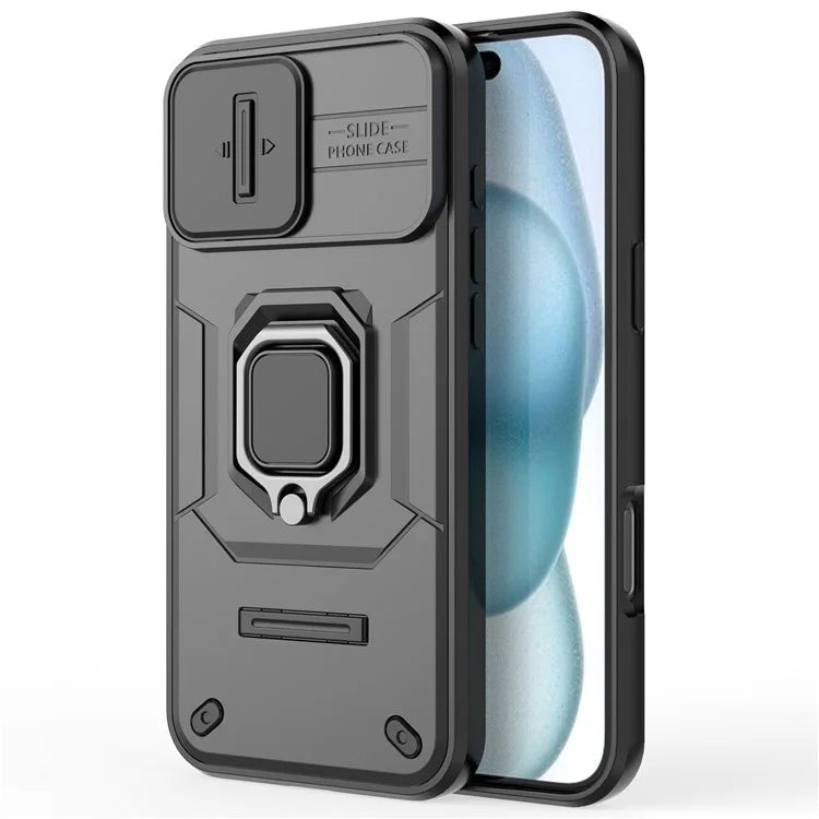 For iPhone 16 Plus Case PC+TPU Camshield Phone Cover with Ring Holder Kickstand