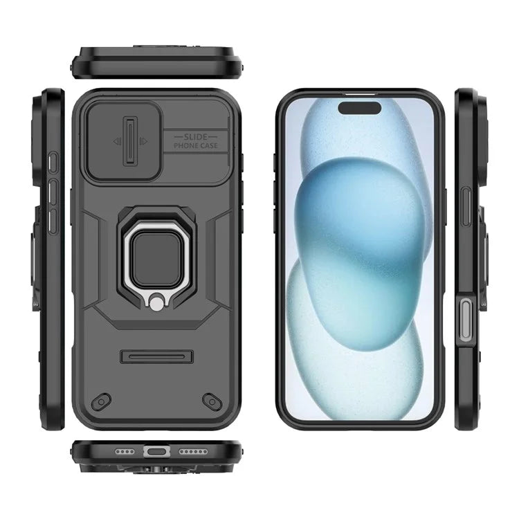 For iPhone 16 Plus Case PC+TPU Camshield Phone Cover with Ring Holder Kickstand
