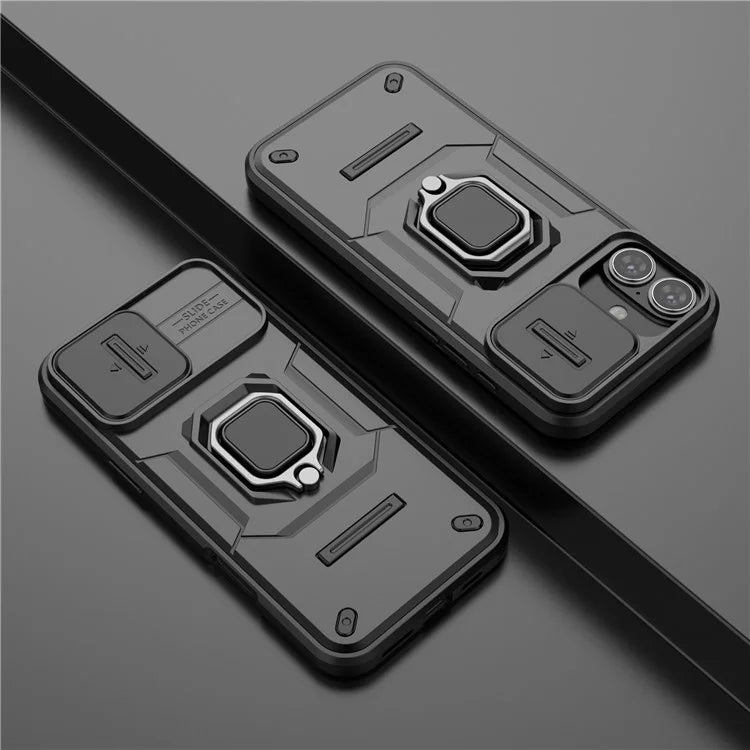 For iPhone 16 Plus Case PC+TPU Camshield Phone Cover with Ring Holder Kickstand