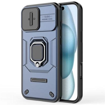 For iPhone 16 Plus Case PC+TPU Camshield Phone Cover with Ring Holder Kickstand