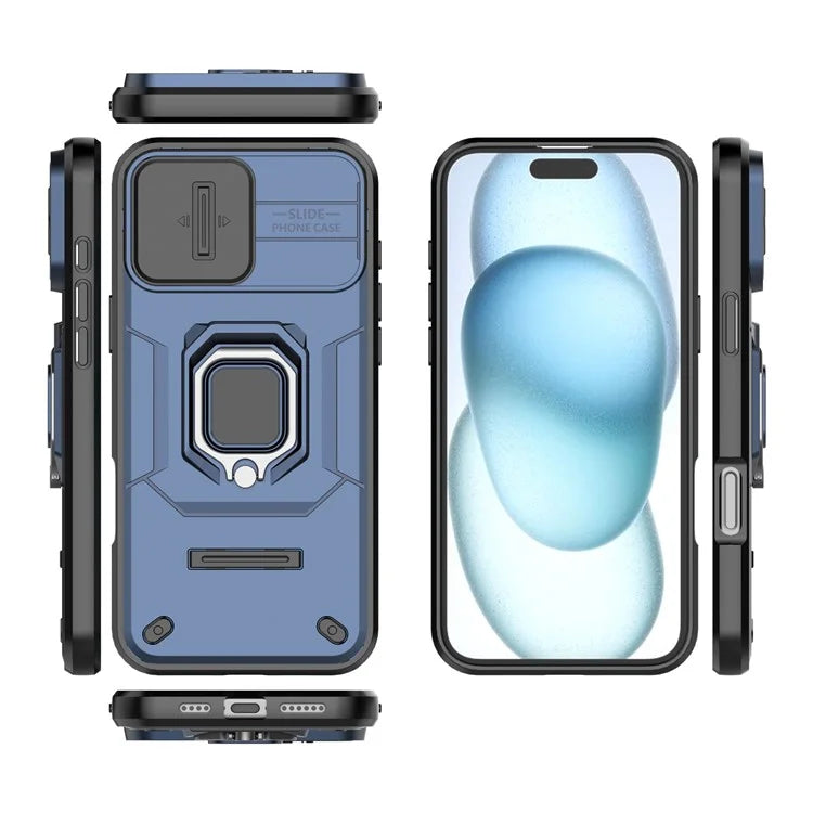 For iPhone 16 Plus Case PC+TPU Camshield Phone Cover with Ring Holder Kickstand