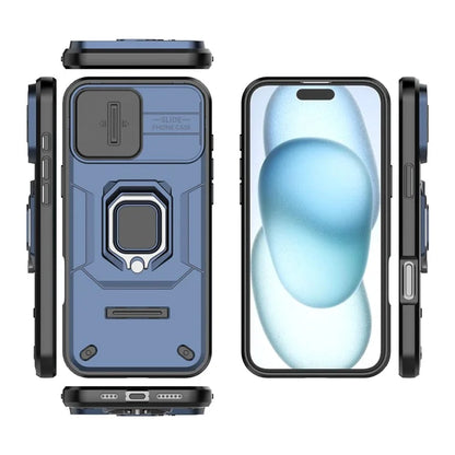 For iPhone 16 Plus Case PC+TPU Camshield Phone Cover with Ring Holder Kickstand