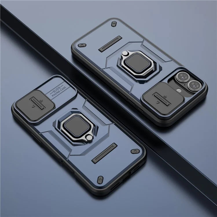 For iPhone 16 Plus Case PC+TPU Camshield Phone Cover with Ring Holder Kickstand