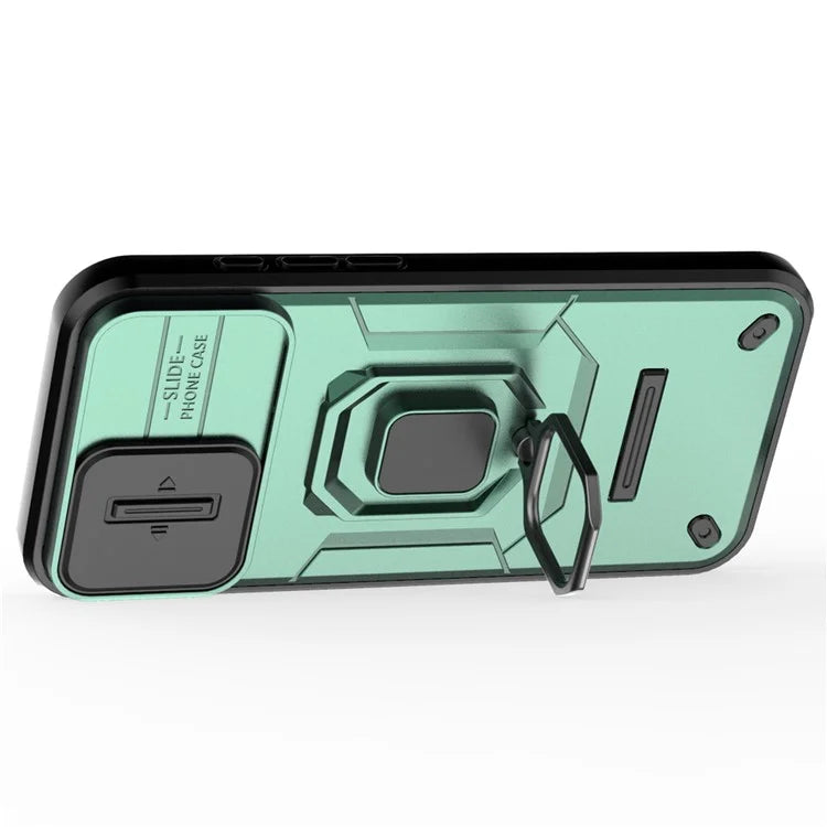 For iPhone 16 Plus Case PC+TPU Camshield Phone Cover with Ring Holder Kickstand