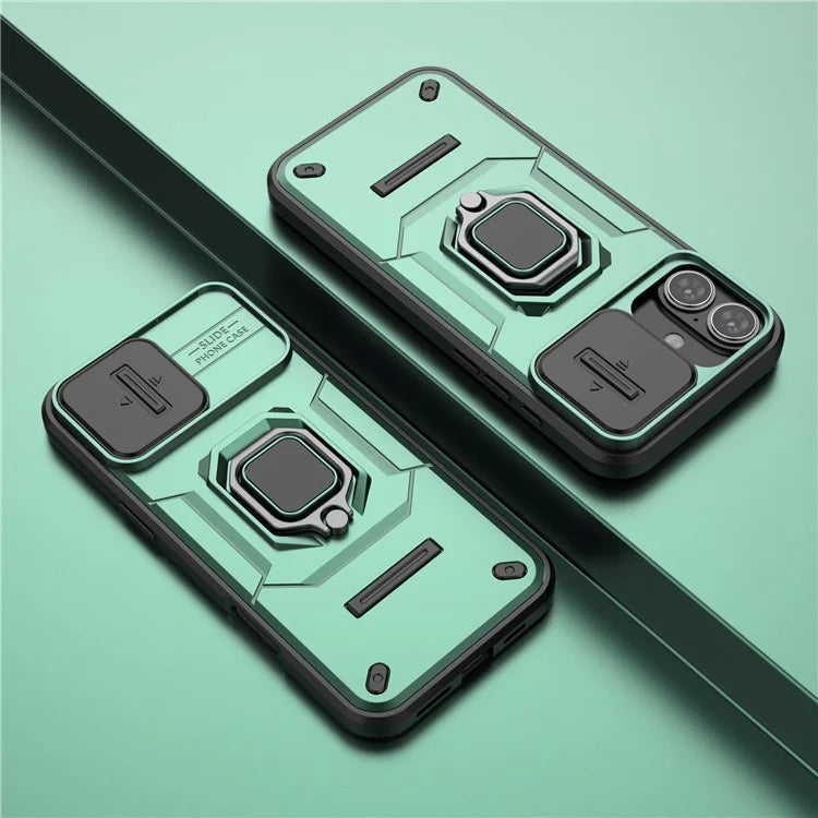 For iPhone 16 Plus Case PC+TPU Camshield Phone Cover with Ring Holder Kickstand