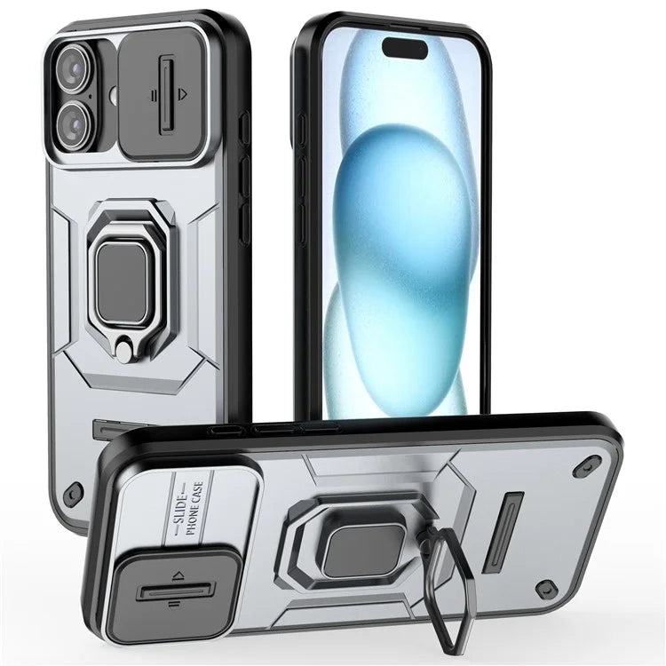 For iPhone 16 Plus Case PC+TPU Camshield Phone Cover with Ring Holder Kickstand