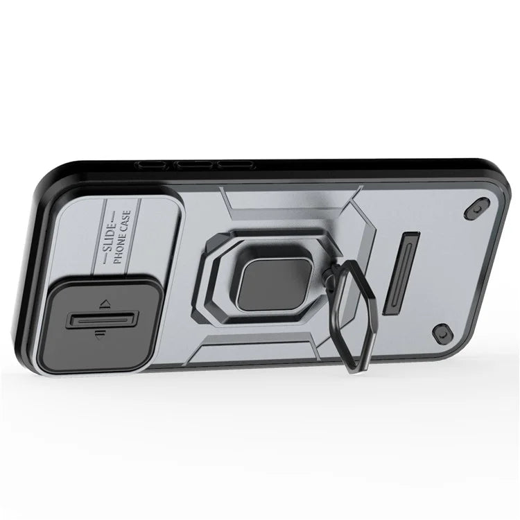 For iPhone 16 Plus Case PC+TPU Camshield Phone Cover with Ring Holder Kickstand