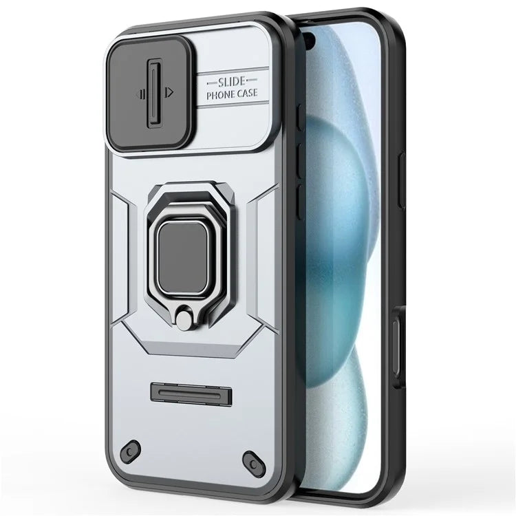 For iPhone 16 Plus Case PC+TPU Camshield Phone Cover with Ring Holder Kickstand
