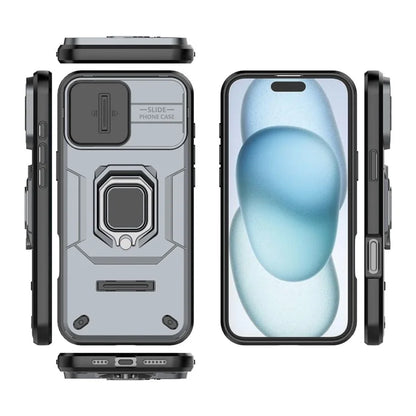 For iPhone 16 Plus Case PC+TPU Camshield Phone Cover with Ring Holder Kickstand