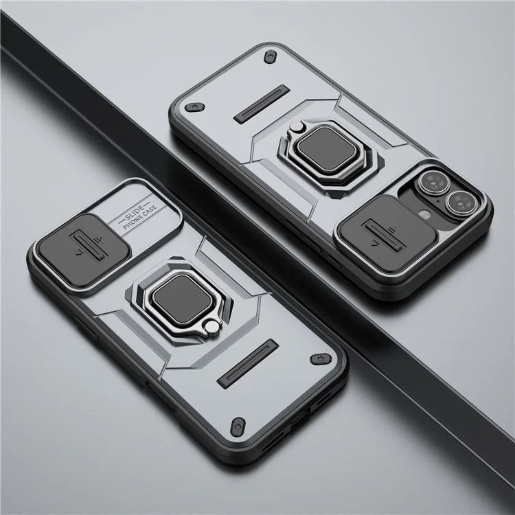 For iPhone 16 Plus Case PC+TPU Camshield Phone Cover with Ring Holder Kickstand