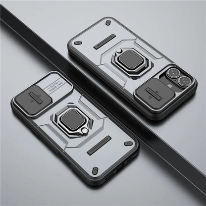 For iPhone 16 Plus Case PC+TPU Camshield Phone Cover with Ring Holder Kickstand