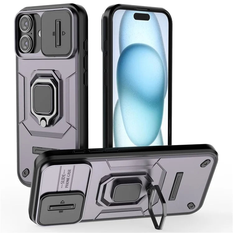 For iPhone 16 Plus Case PC+TPU Camshield Phone Cover with Ring Holder Kickstand