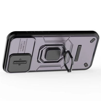 For iPhone 16 Plus Case PC+TPU Camshield Phone Cover with Ring Holder Kickstand