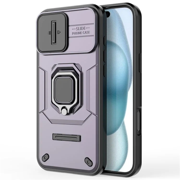 For iPhone 16 Plus Case PC+TPU Camshield Phone Cover with Ring Holder Kickstand