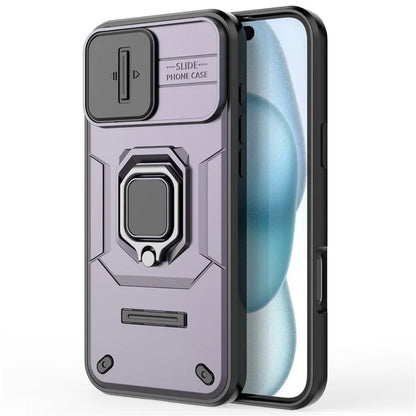 For iPhone 16 Plus Case PC+TPU Camshield Phone Cover with Ring Holder Kickstand