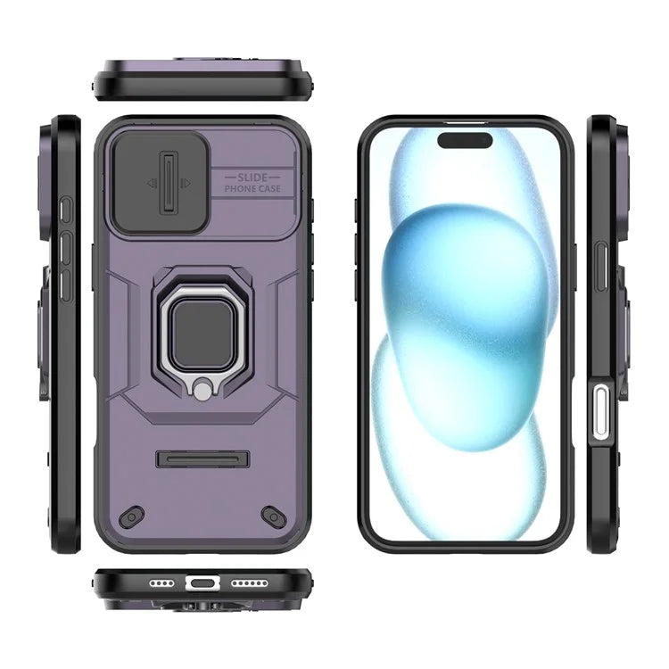 For iPhone 16 Plus Case PC+TPU Camshield Phone Cover with Ring Holder Kickstand