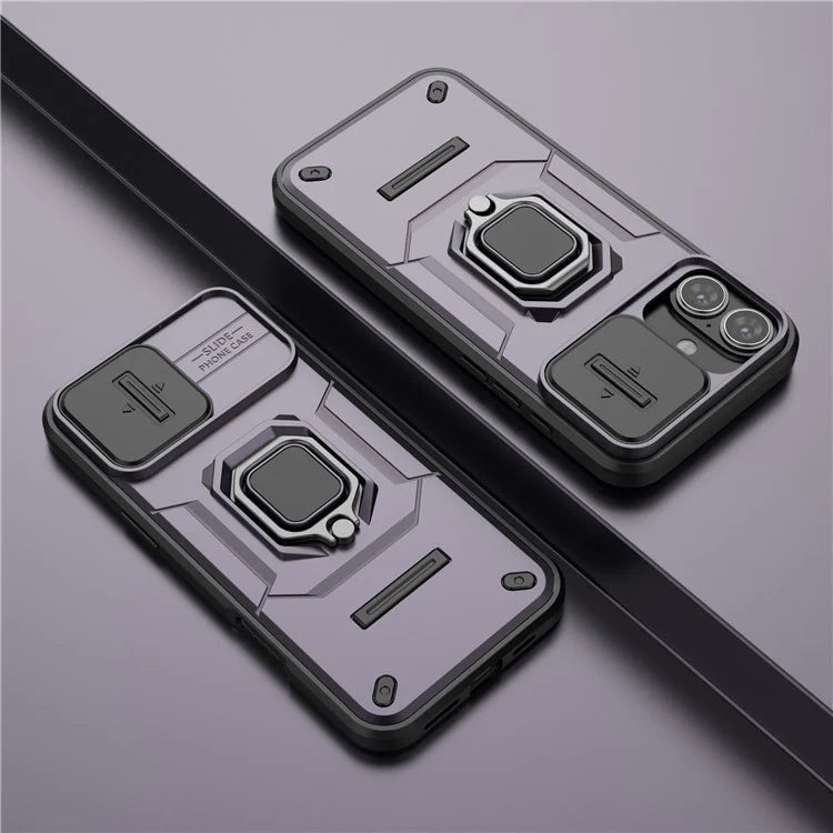 For iPhone 16 Plus Case PC+TPU Camshield Phone Cover with Ring Holder Kickstand
