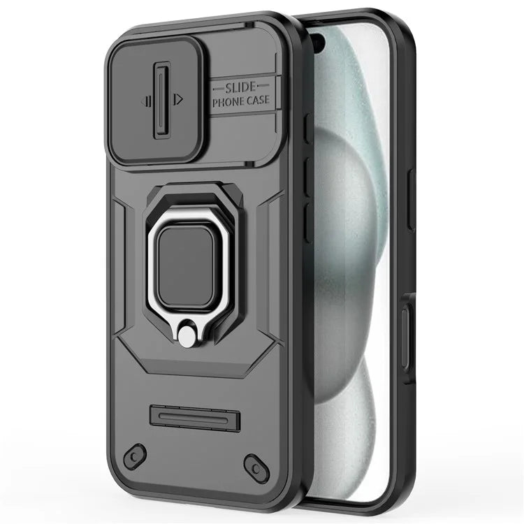 For iPhone 16 Case Ring Kickstand PC+TPU Phone Cover with Lens Shield