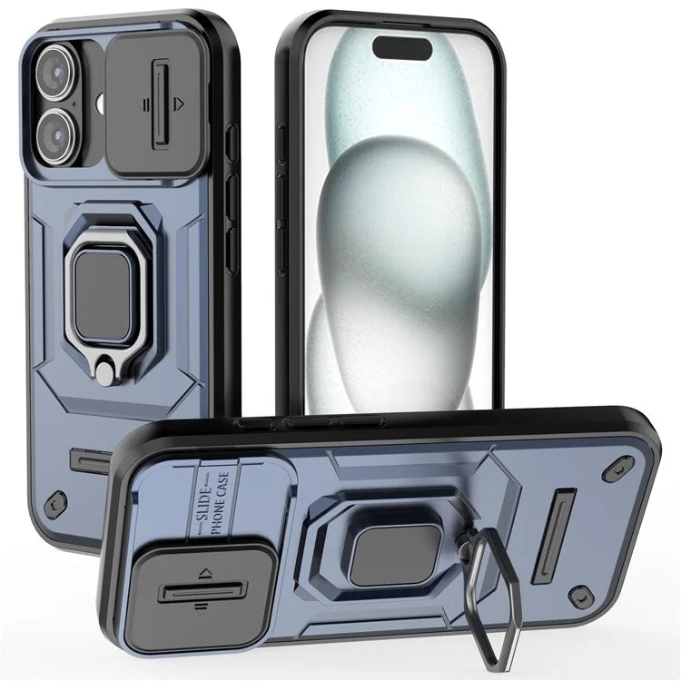 For iPhone 16 Case Ring Kickstand PC+TPU Phone Cover with Lens Shield