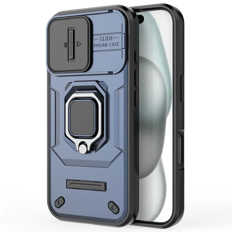 For iPhone 16 Case Ring Kickstand PC+TPU Phone Cover with Lens Shield
