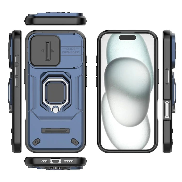 For iPhone 16 Case Ring Kickstand PC+TPU Phone Cover with Lens Shield
