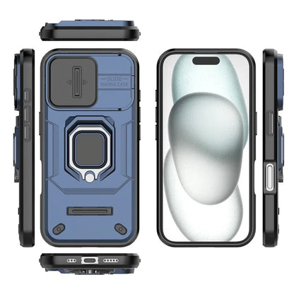 For iPhone 16 Case Ring Kickstand PC+TPU Phone Cover with Lens Shield