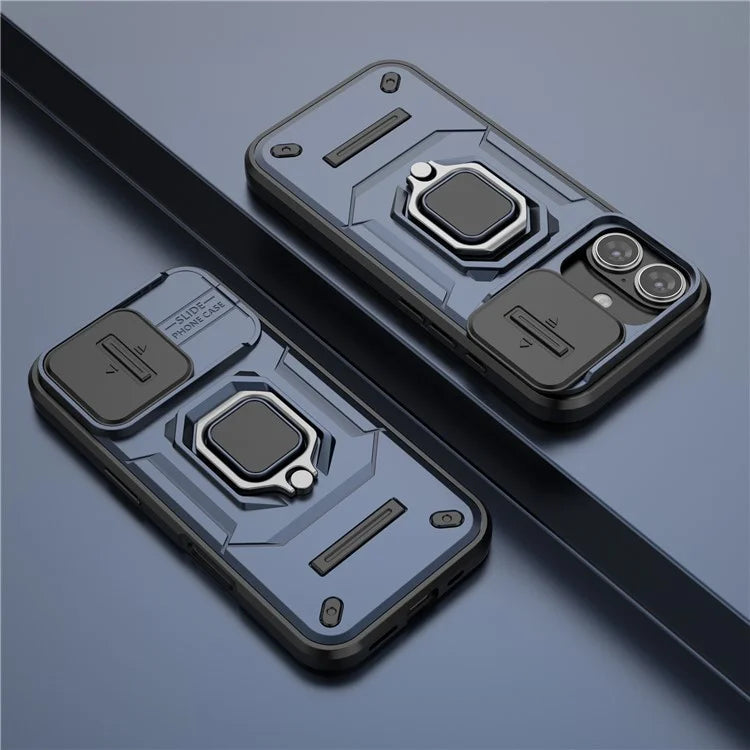 For iPhone 16 Case Ring Kickstand PC+TPU Phone Cover with Lens Shield