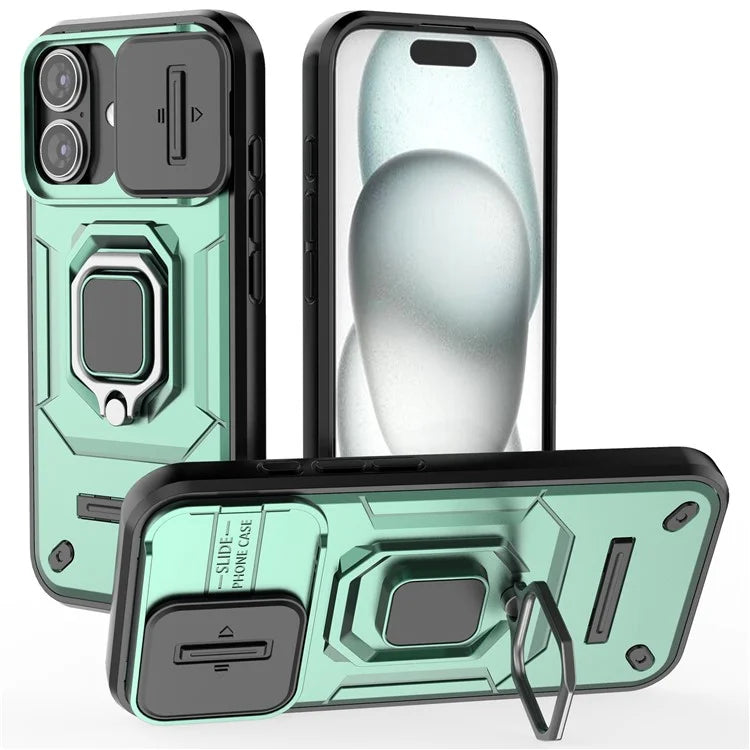 For iPhone 16 Case Ring Kickstand PC+TPU Phone Cover with Lens Shield