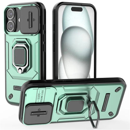 For iPhone 16 Case Ring Kickstand PC+TPU Phone Cover with Lens Shield