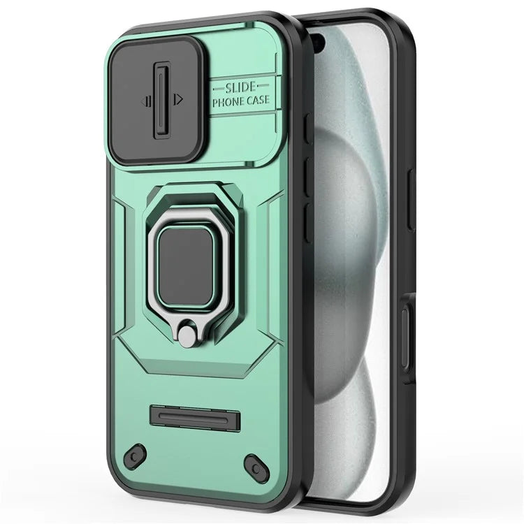 For iPhone 16 Case Ring Kickstand PC+TPU Phone Cover with Lens Shield