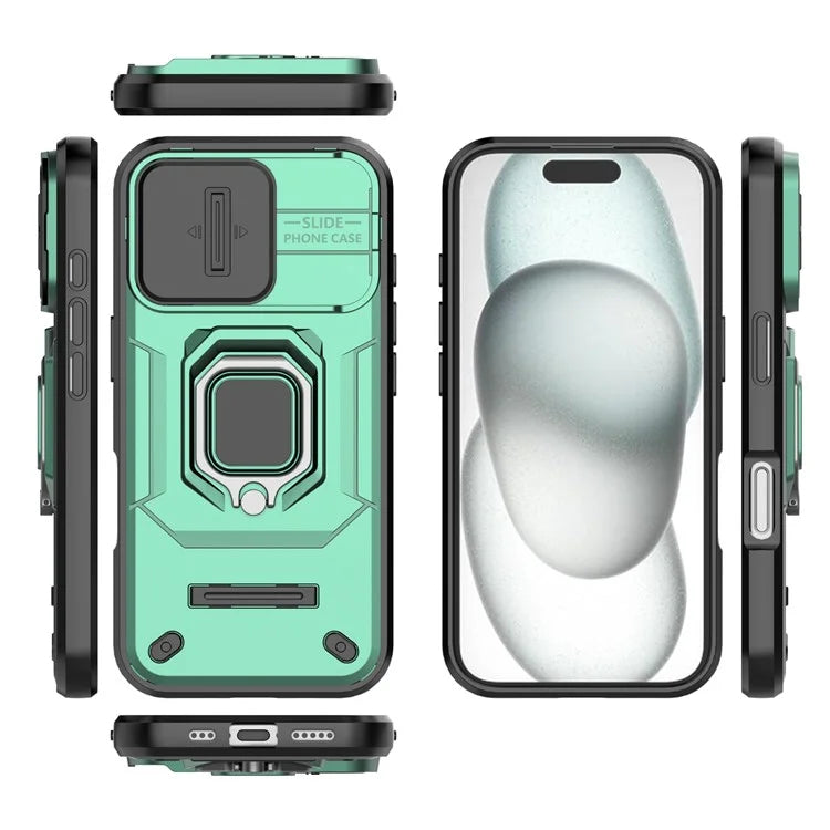 For iPhone 16 Case Ring Kickstand PC+TPU Phone Cover with Lens Shield