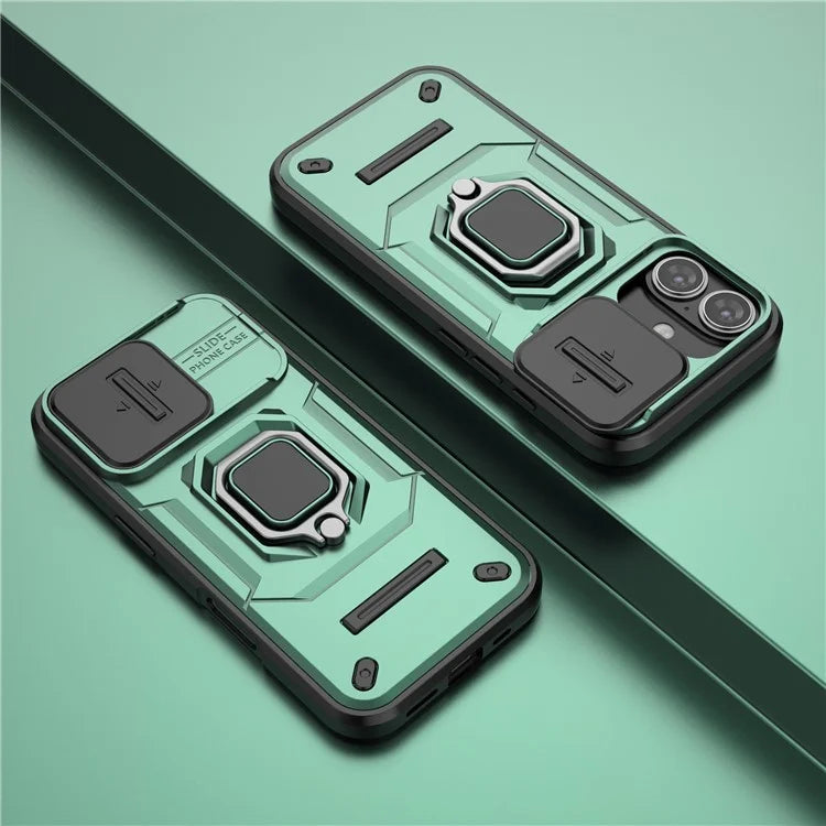 For iPhone 16 Case Ring Kickstand PC+TPU Phone Cover with Lens Shield