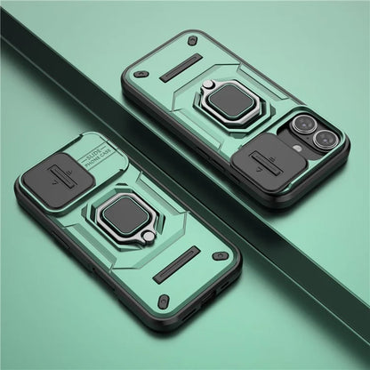 For iPhone 16 Case Ring Kickstand PC+TPU Phone Cover with Lens Shield