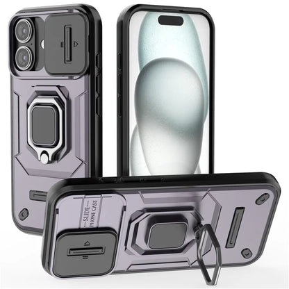 For iPhone 16 Case Ring Kickstand PC+TPU Phone Cover with Lens Shield