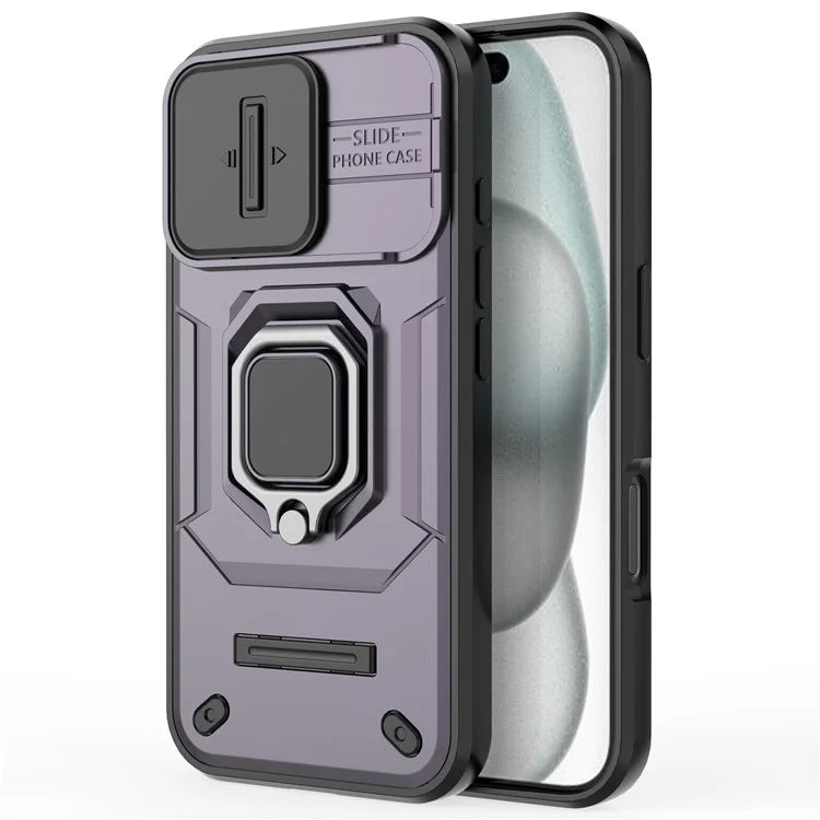 For iPhone 16 Case Ring Kickstand PC+TPU Phone Cover with Lens Shield
