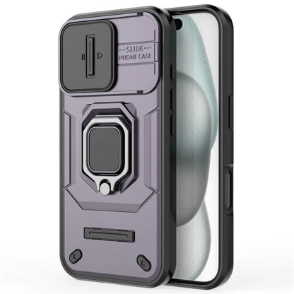 For iPhone 16 Case Ring Kickstand PC+TPU Phone Cover with Lens Shield