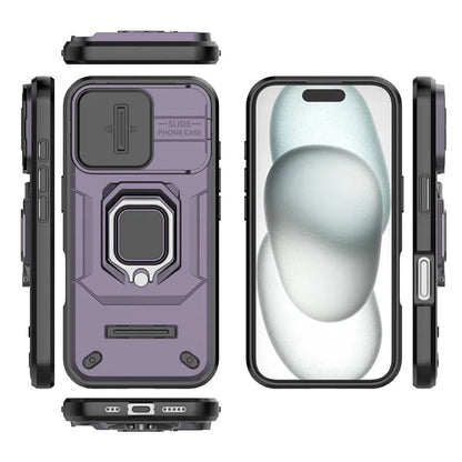 For iPhone 16 Case Ring Kickstand PC+TPU Phone Cover with Lens Shield
