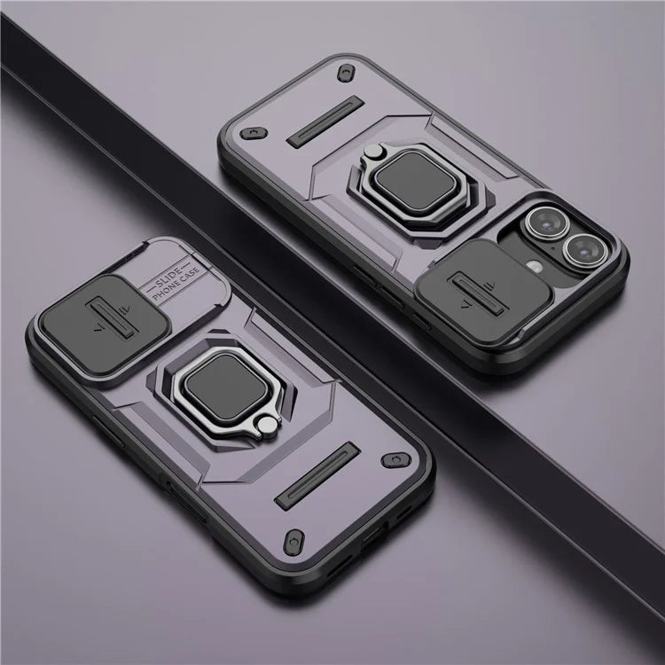 For iPhone 16 Case Ring Kickstand PC+TPU Phone Cover with Lens Shield