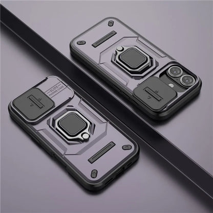 For iPhone 16 Case Ring Kickstand PC+TPU Phone Cover with Lens Shield