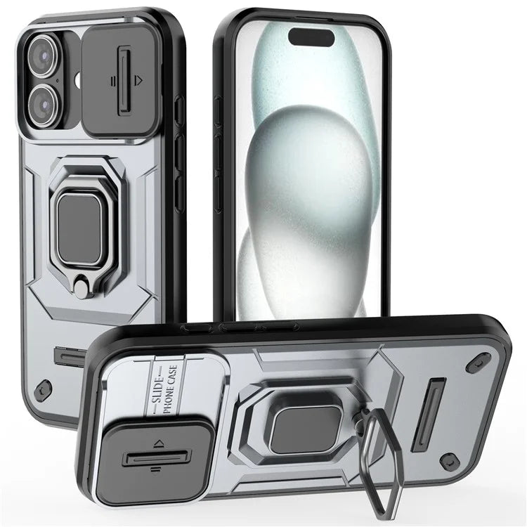 For iPhone 16 Case Ring Kickstand PC+TPU Phone Cover with Lens Shield