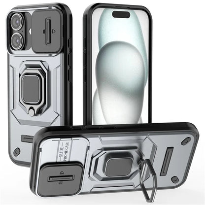 For iPhone 16 Case Ring Kickstand PC+TPU Phone Cover with Lens Shield