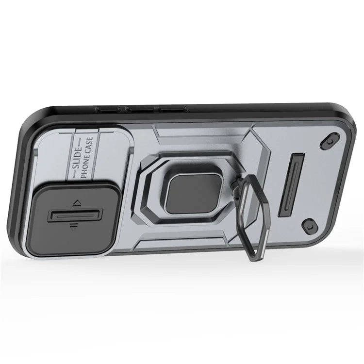 For iPhone 16 Case Ring Kickstand PC+TPU Phone Cover with Lens Shield