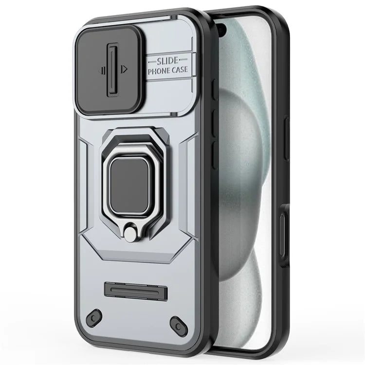 For iPhone 16 Case Ring Kickstand PC+TPU Phone Cover with Lens Shield