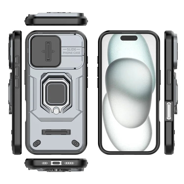 For iPhone 16 Case Ring Kickstand PC+TPU Phone Cover with Lens Shield
