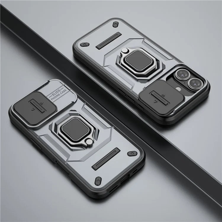 For iPhone 16 Case Ring Kickstand PC+TPU Phone Cover with Lens Shield