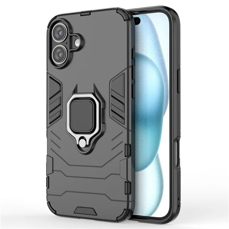 For iPhone 16 Plus Case PC+TPU Ring Kickstand Anti-Drop Phone Cover