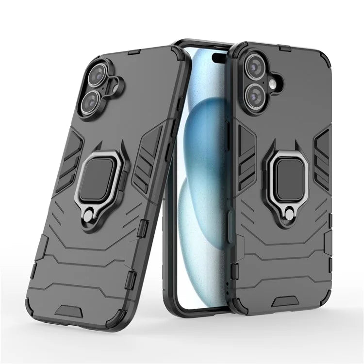 For iPhone 16 Plus Case PC+TPU Ring Kickstand Anti-Drop Phone Cover