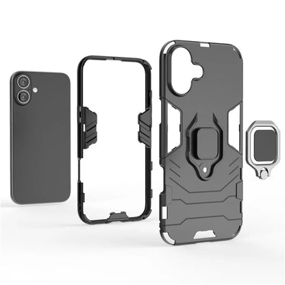 For iPhone 16 Plus Case PC+TPU Ring Kickstand Anti-Drop Phone Cover