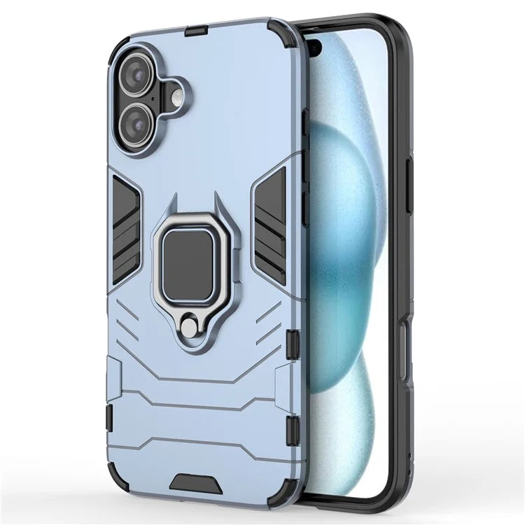 For iPhone 16 Plus Case PC+TPU Ring Kickstand Anti-Drop Phone Cover